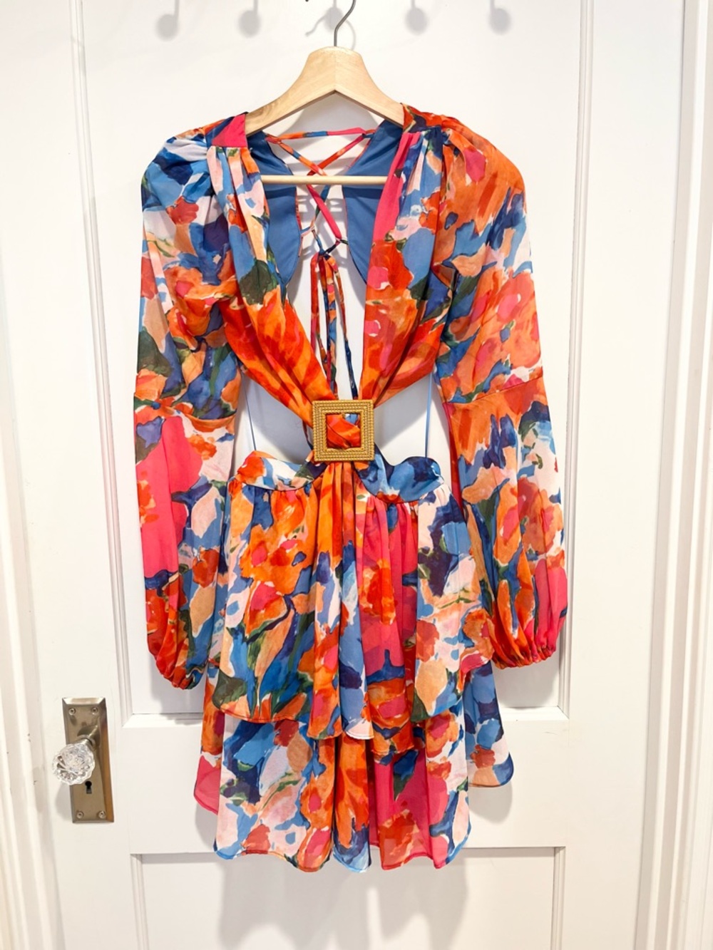 Blush Boutique Tropical Floral Long Sleeve Cutout Tiered Mini Dress Small